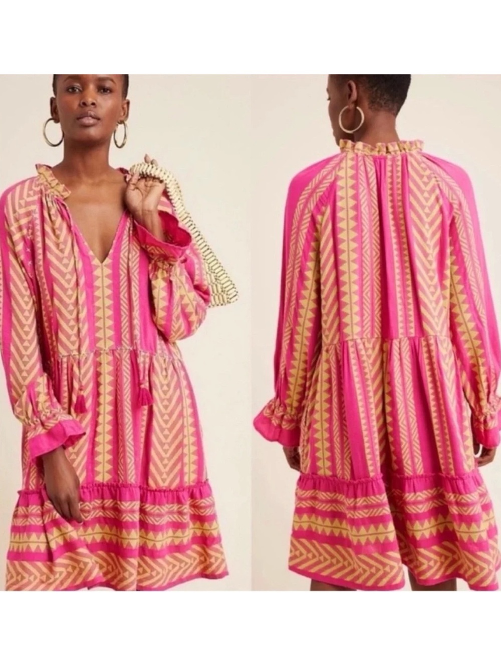 Anthropologie Maeve Dominique Tiered Tunic Pockets Cotton Geometric Print Dress - Picture 3 of 11